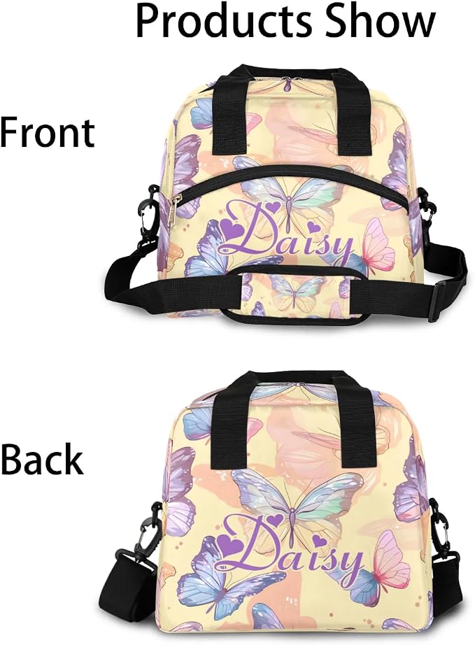 Personalized Butterfly Lunch-Bag for Women, Custom Insulated Cooler Lunch Box with Name, Leakproof-Reusable Lunch Tote Bag for Work Office Picnic - Yellow Purple