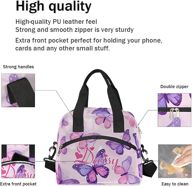 Personalized Butterfly Lunch-Bag for Women, Custom Insulated Cooler Lunch Box with Name, Leakproof-Reusable Lunch Tote Bag for Work Office Picnic - Pink Purple 2