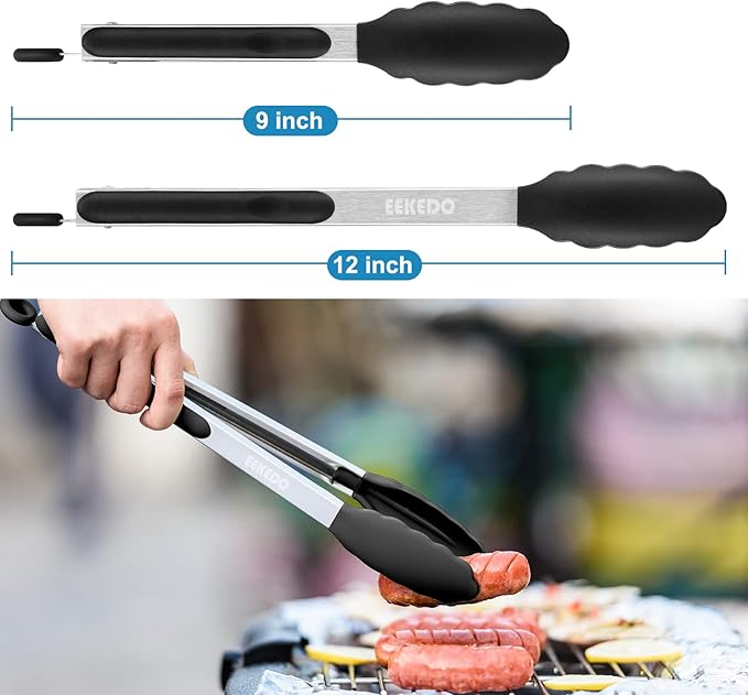 Tongs for Cooking, 600ºF High Heat-Resistant Stainless Steel Kitchen Tongs with Silicone Tips, Non Scratch, Locking Tong for BBQ Grilling Air Fryer Food Salads, Set of 2 (9" and 12") Black