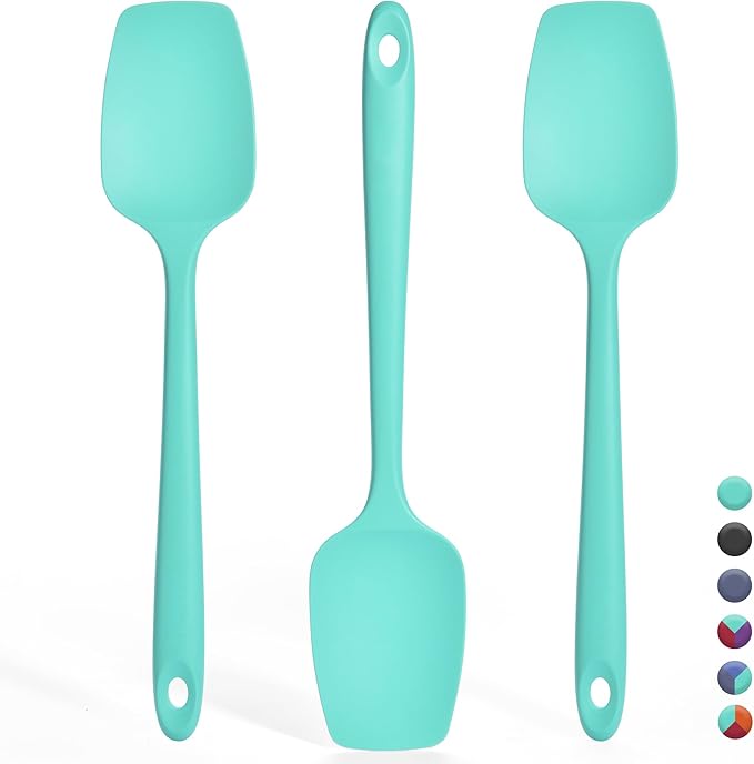 Silicone Spoonula Set: 600ºF Heat Resistant Food Grade Cooking Baking Utensils, Kitchen Flexible Nonstick Rubber Pan Spoon Spatula for Mixing, Scrambling, Scooping (3 Pieces, Aqua Sky)