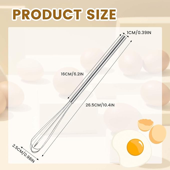 1 pcs Mini Whisks Stainless Steel Skinny Whisk Egg Beater Wire Whisks Portable Kitchen Tiny Whisk for Cooking Blending Whiping Beating Stirring (10.4 Inches)