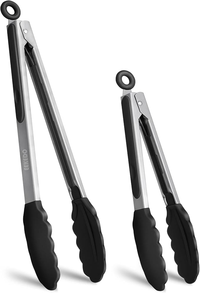 Tongs for Cooking, 600ºF High Heat-Resistant Stainless Steel Kitchen Tongs with Silicone Tips, Non Scratch, Locking Tong for BBQ Grilling Air Fryer Food Salads, Set of 2 (9" and 12") Black