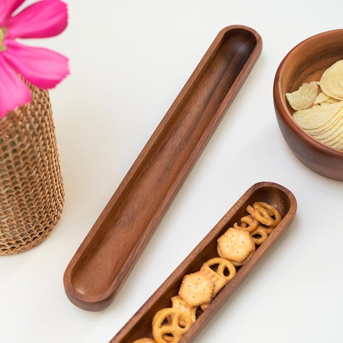 SiamMandalay Wooden Olive Tray Handmade Acacia Wood Olive Plate Long Canoe Boat Style Dish - Food Serving Platter Table Centrepiece