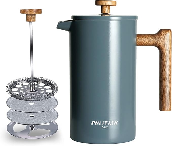 POLIVIAR French Press Coffee Maker, 34 oz Coffee Press with Real Wood Handle, Double Wall Insulation & Dual-Filter Screen, Food Grade Stainless Steel for Good Coffee and Tea (Alpline) | Real Wood Handle Coffee Press, Double Wall Insulation, Dual-Filter...