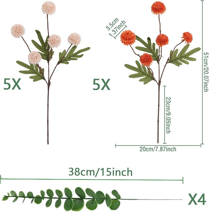 10pcs Faux Beige & Orange Kiku Flowers, 5 Heads Each Stem & 4 Branches Eucalyptus Stems, Artificial Small Mini Chrysanthemum Flowers for Aesthetic Room Decor, Floral Arrangements Centerpiece