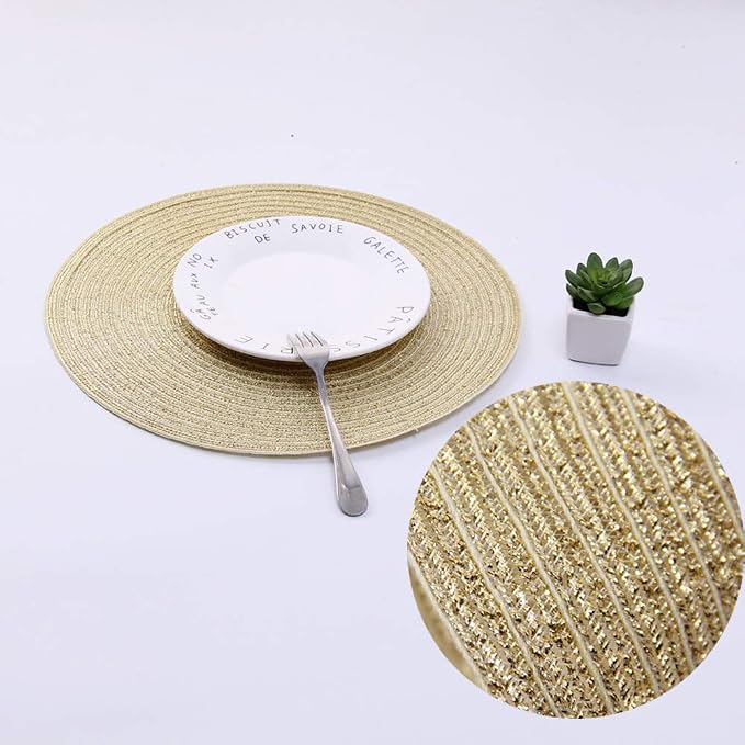 SHACOS Gold Glitter Round Placemats Set of 6 Bling Circle Place Mats Washable Table Mats for Christmas Holiday Party Wedding Shower Table Decor (6, Gold)