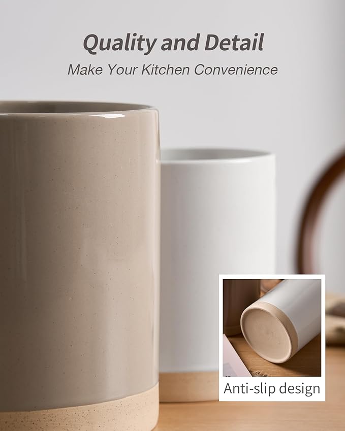 famiware Milkyway Kitchen Utensil Holder for Countertop, Ceramic Cooking Utensil Crocks for Kitchen Counter, Utensil Organizer for Spatula & Spoon, Set of 2, Cinnamon Brown and White