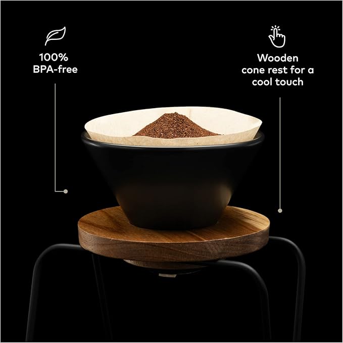 ChefWave Artisan Series Pour-Over Coffee Maker Set with Ceramic Cone, Wood Ring and Stainless Steel Stand, 1-2 Cup Personal Size - Bamboo Accents, Easy to Clean, BPA Free