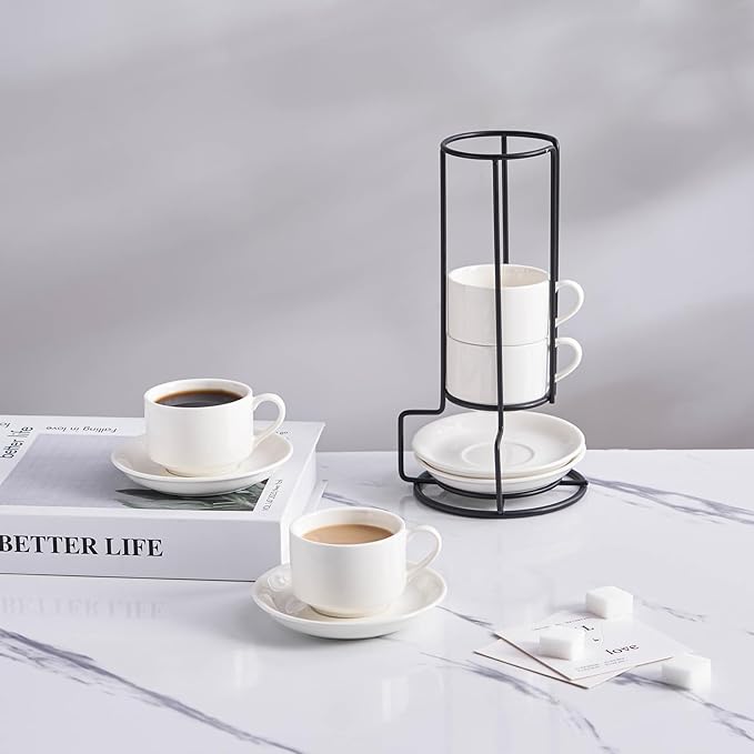 YOLIFE 2.5oz Espresso Cups Set of 4, Porcelain Stackable Espresso Cups with Saucers and Metal Stand, Expresso Shots Cup -White