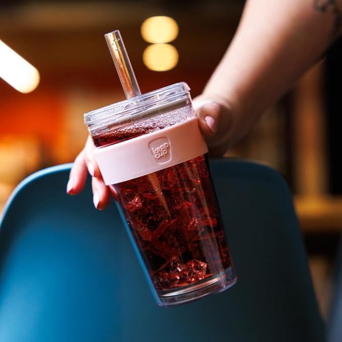 KeepCup Cold Cup - Longplay Double wall Glass Ice Coffee Tumbler with Lid and Straw - 16oz (454ml) - Pashmak