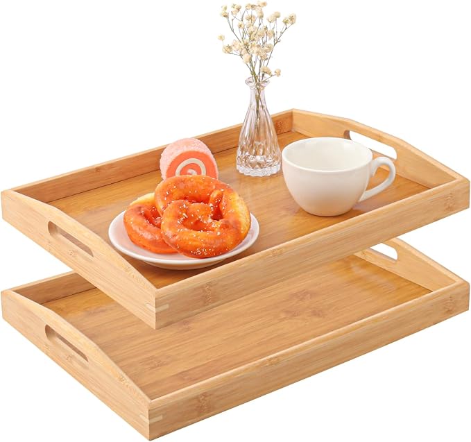 2 PCS Bamboo Serving Tray, Breakfast Bed Tray with Handle, 15.8 x 11.4 x 2 Inch Wood Serving Tray for Serving, Breakfast Bed Trays for Eating, Decor, Displaying Cake, Fruit