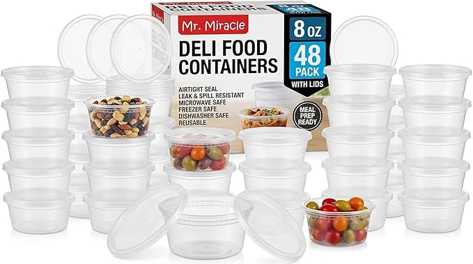 Mr Miracle 8OZ Deli Containers with Lids - 48 Pack of 8 oz Clear Airtight Reusable Plastic Food and Multi-Purpose Deli Containers - Microwave, Freezer, and Dishwasher Safe