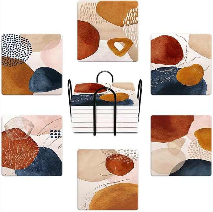 Drink Coasters for Drinks Set of 6, Terracotta Navy Orange and Gold Abstract Modern Art Absorbent Square Ceramic Stone Mat Coaster, with Cork Base and Metal Holder, Home Bar Decor House Warming Gift