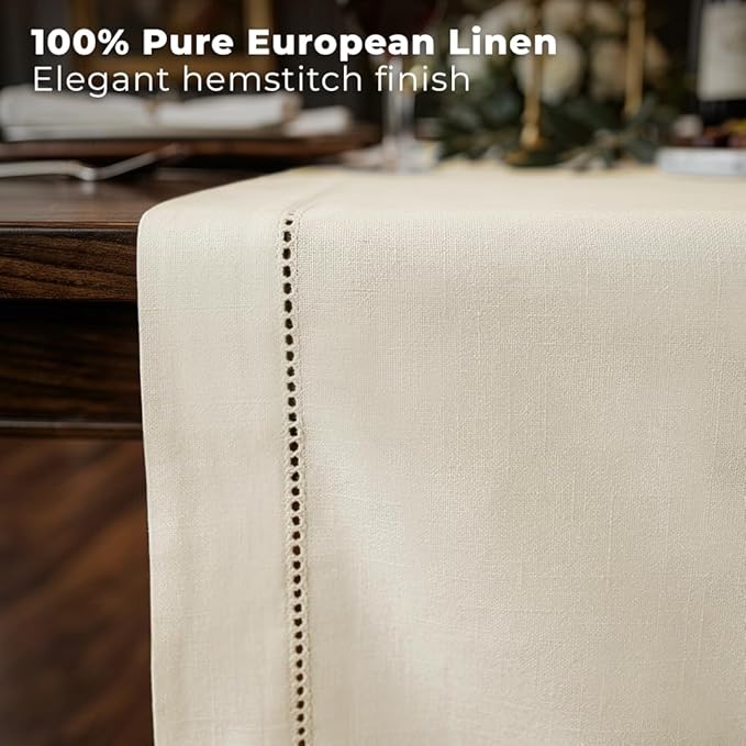 Signature Linen™ by D'Moksha Ivory Table Runner 72 Inches Long, 100% Pure Linen, Hemstitch, 14 x 72 Inch Table Runner for Dresser, Dining- Summer, Father's Day