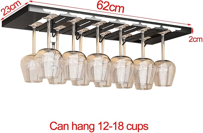 V3VOGUE Hanging Wine Glasses Holder Under Cabinet, 2/3/4/5/6 Rows Black Metal Wine Glasses Hanger, Glass Storage Rack Organiser for Cupboard Kitchen Bar (Size : 6 Row)