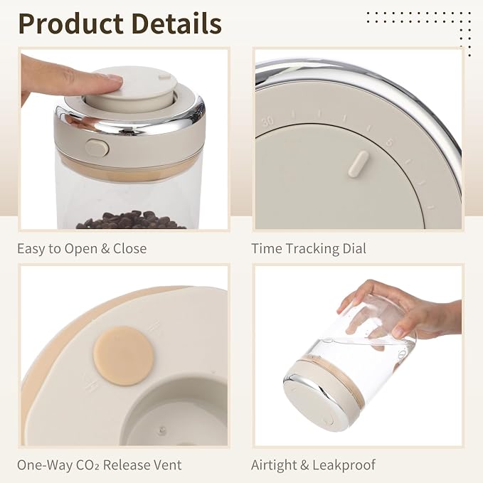 Homaisson 2 PCS Glass Coffee Canister 1100ml, Airtight Coffee Bean Storage Jar with One-Way CO₂ Vent, Date Tracking Dial & One-Press Seal Lid, High Borosilicate Glass Coffee Container for Tea Sugar