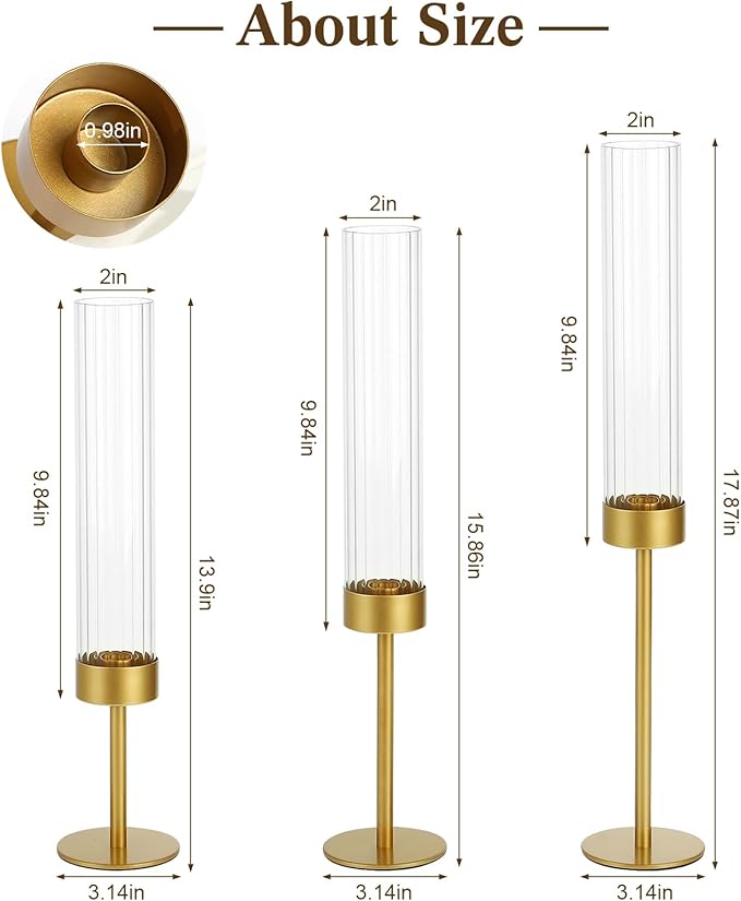 Glass Hurricane Candle Holders Set of 18-Gold Metal Base Taper Candle Stick Holders for CandlesticksHolder Decor, Elegant Dining Table Centerpiece for Wedding, Christmas & Home Decor-Ribbed Glass