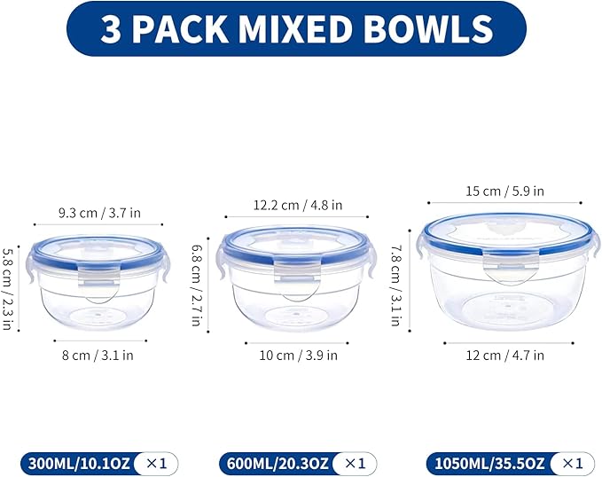 KIGI Round Food Storage Containers with Airtight Lids, Leak Proof Plastic Bowls for Lunch, Meal Prep, Fruit and Salad, 4-Sided Locking Lid, BPA-Free, 6 Piece Set, 1.25 Cup / 2.5 Cup / 4.3 Cup