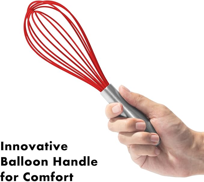 OYV 10-Inch Red Silicone Whisk, Heat Resistant 480°F Kitchen Whisk with Stainless Steel Ergonomic Handle, Non-Scratch for Nonstick Cookware, Dishwasher Safe, Perfect for Blending, Cooking & Beating