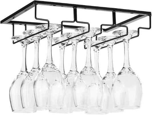 FOMANSH Wine Glass Rack - Under Cabinet Stemware Wine Glass Holder Glasses Storage Hanger Metal Organizer for Bar Kitchen Black