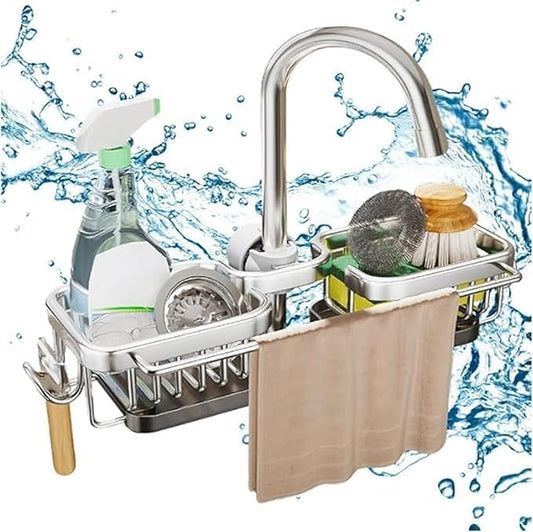 Kitchen Sink Faucet Organizer,Sponge Holder Caddy Rack Multifunction Shelf for Soap,Dish Accessories, Adjustable for 0.7-1.1 Inch Round Water Pipe (Either Side Silver)
