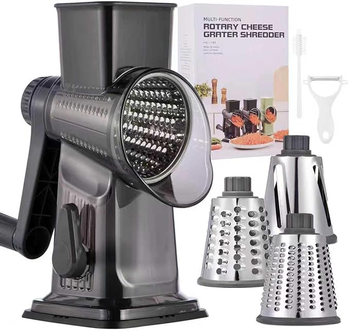 Rotary Cheese Grater with Handle Kitchen Shredder Slicer Grater Slicer Ice Shaver Cheese Vegetable Nuts Potato Zucchini Chocolate 3 Interchangeable Blades (Dark Grey TSP)