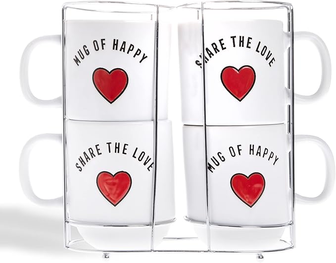 Sheffield Home Set of 4 Stackable Stoneware Mugs with a Metal Rack for Storage, Large Cups for Tea, Mugs for Latte, and Hot Chocolate (Heart Sentiments)