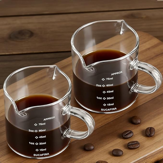 2 Pack Espresso Shot Glass with Handle 75ML Double Spout Measuring Cups with Scale Milk Frothing Pitcher Coffee Accessories(COLOR:clear)