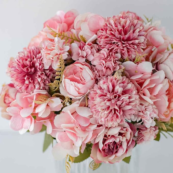 KIRIFLY Artificial Fake Flowers Silk Peony Flower Arrangements Wedding Bouquets Decorations Plastic Floral Table Centerpieces Home Kitchen Garden Party Décor (Blush)