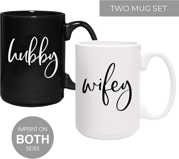 Canopy Street Wifey And Hubby Matching Mugs/Two Jumbo 15 Ounce White And Black Ceramic Mugs/Funny Husband And Wife Coffee Cup Set/Black And White Wedding Present Mug Set.