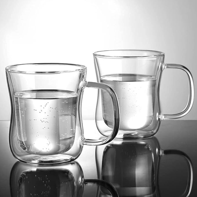 ecooe 12 oz Double Walled Glass Coffee Mug Latte Cappuccino Cups Set of 2, Clear Glass Coffee Cups with Handle, 350ml (full capacity) Coffee Cup Borosilicate Double Wall Glass Coffee Mug Tea Cups