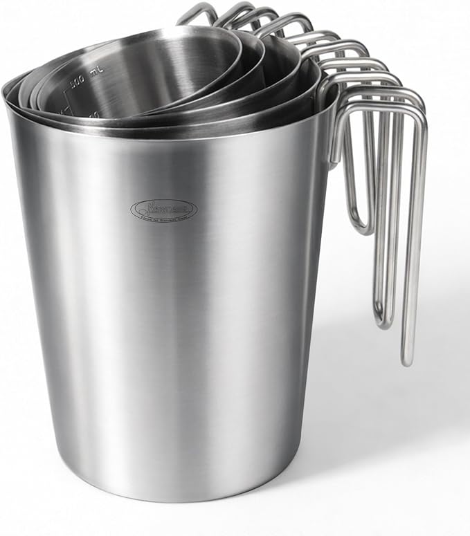 Newness 5 Pack Stainless Steel Measuring Cups Set (3 Marking Including Cup/ML/Oz Scale)(2, 3, 4, 6 & 8 Cup) Metal Measuring Cup with Handle For Prepping, Baking and Cooking, Dishwasher, Microwave Safe