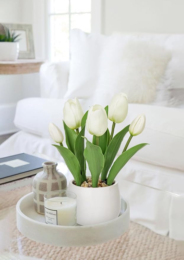 Hollyone White Tulips Artificial Flowers in Vase Fake Tulips Silk Flowers Arrangements Faux Tulip Bulbs with Ceramic Tulip Pot Potted Plants Floral Bouquet for Home Decor Table Centerpiece Decorations