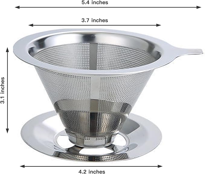 Pour Over Coffee Dripper, Stainless Steel Coffee Filter, Fine Mesh Double Layer Design of Manual Reusable Cone Coffee Filters, Paperless Pour Over Coffee Maker (Double mesh 1-4 cups silver)