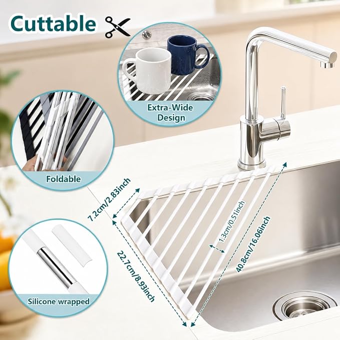 Credon Triangle Roll Up Dish Drying Rack, Foldable Anti-Slip Kitchen Sink Drainer Organizer, Silicone Coated Stainless Steel Frame, Multipurpose Over Sink Corner Caddy for Space Saving (White)
