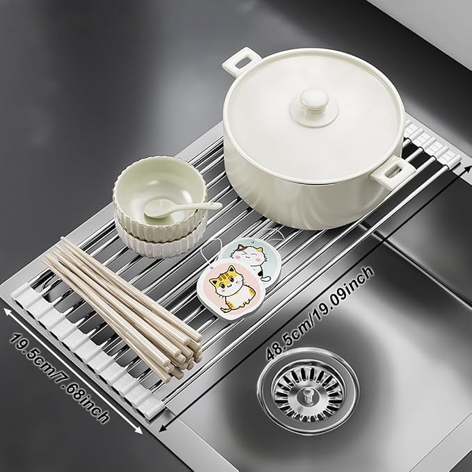 Roll Up Dish Drying Rack Over Sink Drying Rack Sink Cover Kitchen Sink Accessories Multipurpose Organizer Foldable Stainless Steel Drainer (12 Rods)