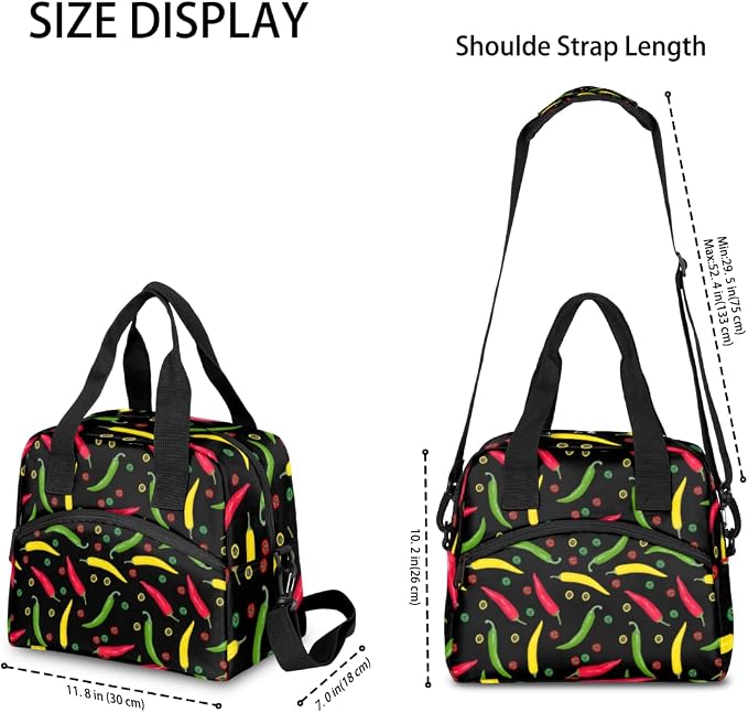 Colurful Chili Insulated Lunch Bag for Women Men Reusable Lunch Box Cooler Bag Large Leakproof Lunch Tote with Adjustable Shoulder Strap for Adult Work Picnic Camping Beach Office