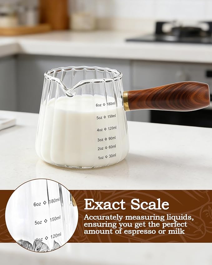 Espresso Measuring Cup, 6oz Borosilicate Glass Espresso Cups with Wood Handle (2.71in Long Grip), V-Shaped Spout Ribbed Milk Frothing Cup for Coffee, Latte, Tea, Syrup – Dishwasher Safe