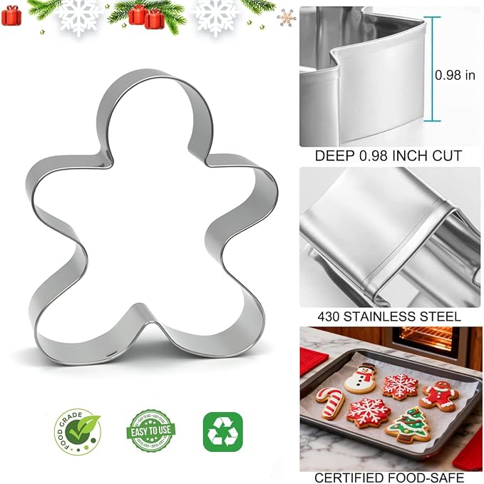 Christmas Cookie Cutters Large - 5 Pieces - Gingerbread Man, Christmas Tree, Snowflake, Snowman, Candy Cane Shapes, Stainless Steel Biscuit Cutter Molds Set for Winter Holiday Baking
