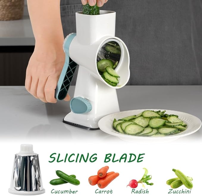 3 in 1 Manual Vegetable Cutter Machine with Stainless Steel Changeable Blades Rotary Cheese Grater Kitchen Tool Potato Slicer Shredder Nuts Chocolate Chopper (White blue)