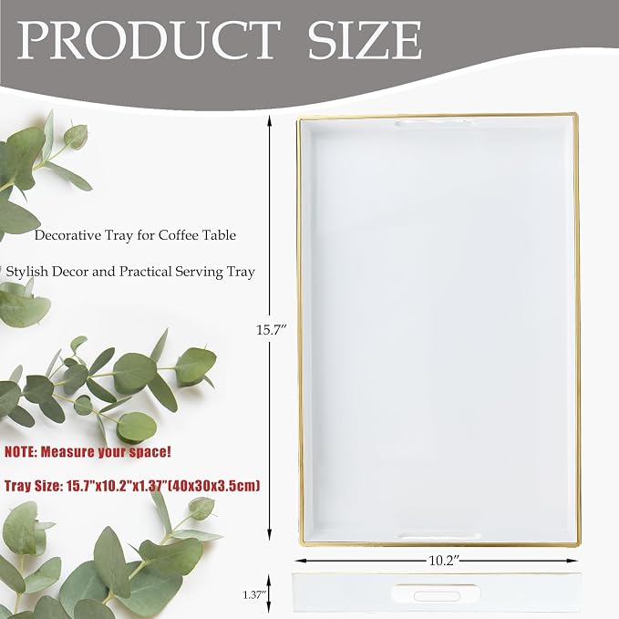 Spsyrine White Decorative Serving Tray with Handles, Elegant Plastic Coffee Table Tray for Ottoman, Living Room, Home Decor 15.6" X 10.2"