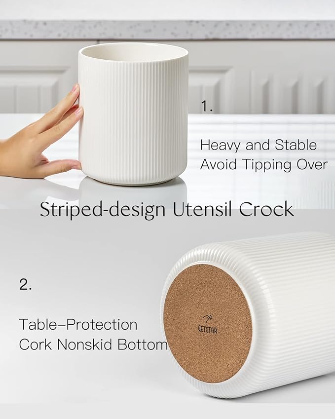 getstar Large Kitchen Utensil Holder, 7.2" Vintage Ceramic Utensils Crocks for Kitchen Counter with Non-Slip Cork Mat, Farmhouse Cooking Tool Organizer for Kitchen Counter Decor