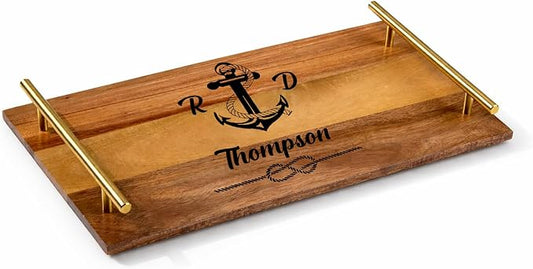 Personalized Acacia Wood Serving Tray with Handles – Engraved Custom Wooden Tray for Wedding, Housewarming, Rustic Farmhouse Charcuterie Tray