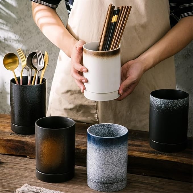 Utensil Holder Kitchen Utensil Holder for Countertop - Ceramic Spoon Rack with Drain Tray(Yellow)