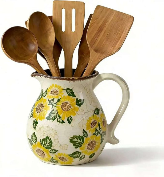 Rustic Ceramic Kitchen Utensil Holder, 6.1" Modern Farmhouse Cooking Utensil Holder for Kitchen Counter, Vintage Ceramic Utensil Organizer for Home Decor Floral Spoon Spatula Gift(Sunflower)