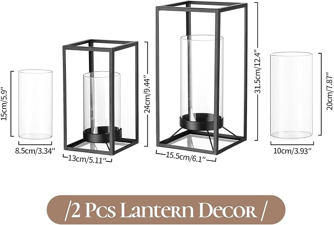 Black Lantern Decorative Indoor Set of 2: Glass Metal Hurricane Candle Holder Modern Farmhouse Lanterns Decor Outdoor for Table Centerpiece Fireplace Wedding