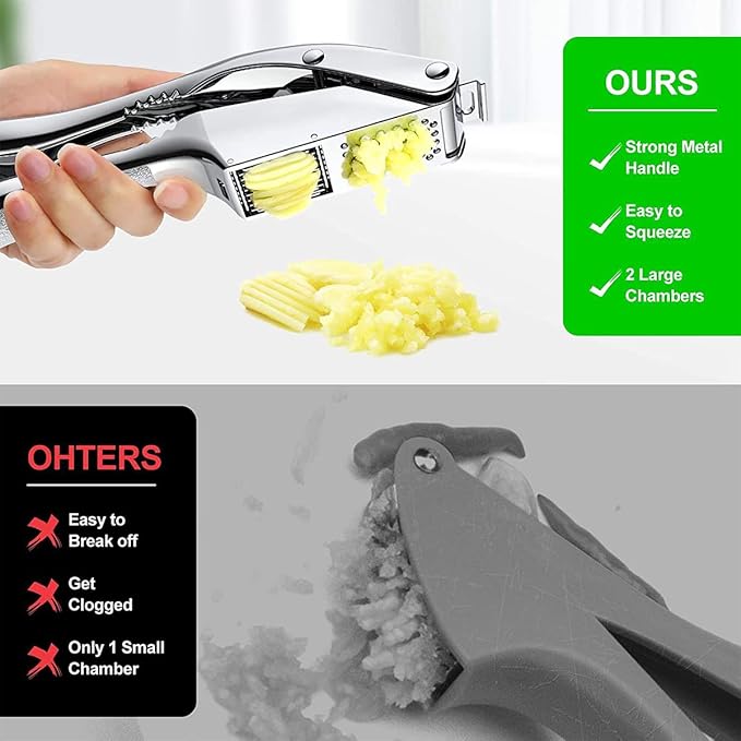 2-in-1 Garlic Press Stainless Steel Garlic Slicer, Silver Garlic Mincer Handheld Garlic Crusher, Easy to Clean and Squeeze Garlic Masher, Dishwasher Safe