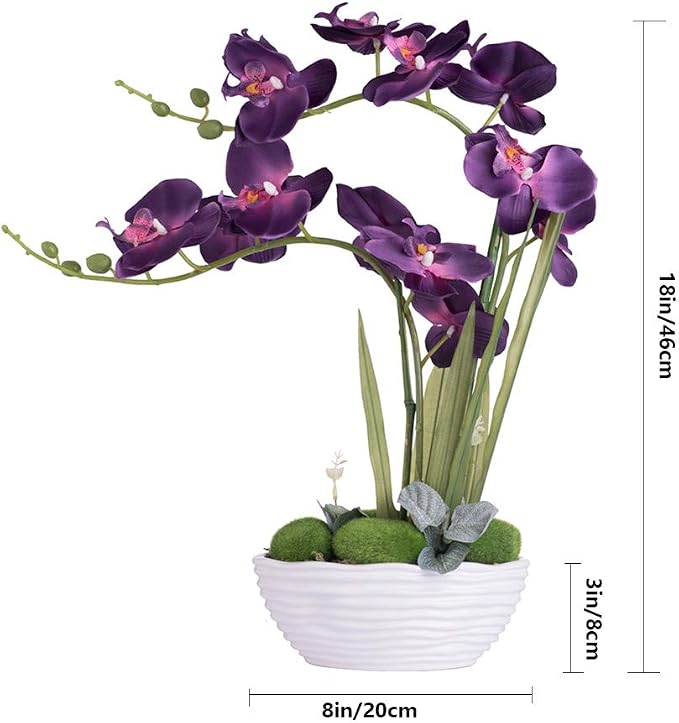 Large Artificial Potted Orchid Plant, Silk Flower Arrangement with Ceramics Vase, Dark Purple