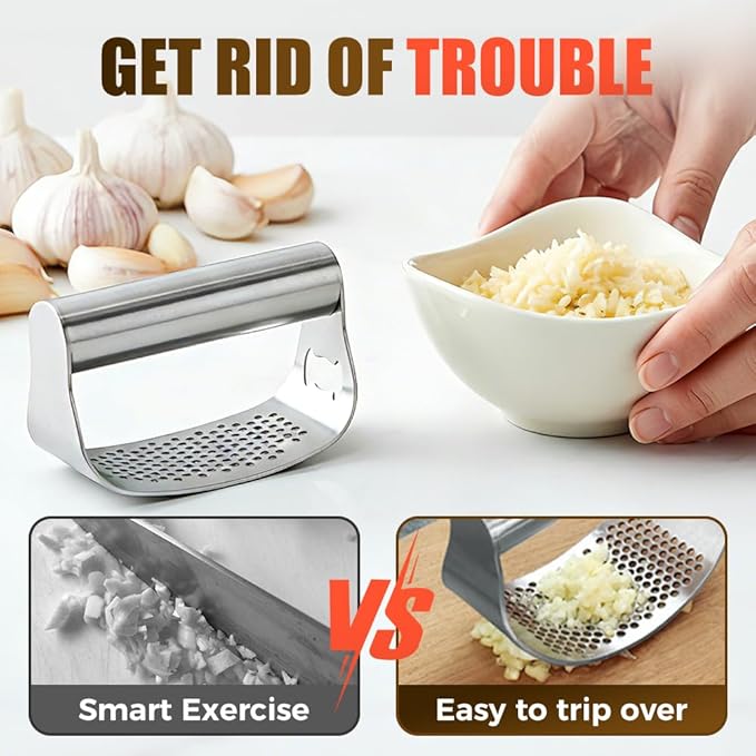 Garlic Press Rocker,Stainless Steel Garlic Presser,Crusher and Chopper,Kitchen Garlic Mincer Tool with Peeler & Cleaning Brush,For Extract Garlic Paste (1 SET)