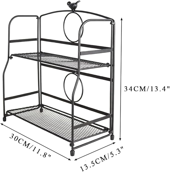 2 Tier Spice Rack Seasoning Bottle Holder Black Metal Non-Slip Foldable Kitchen Bathroom Countertop Standing Organizer for Home House Tabletop Desktop Items Storage Y0728(Bird)